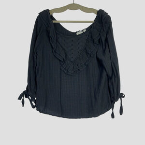 Hinge Black Cotton Ruffled Lace Long Sleeve Boho Blouse Women's Size Large